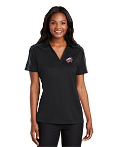 Port Authority® Ladies Silk Touch™ Performance Colorblock Stripe Polo - Embroidery -Black/Steel Grey
